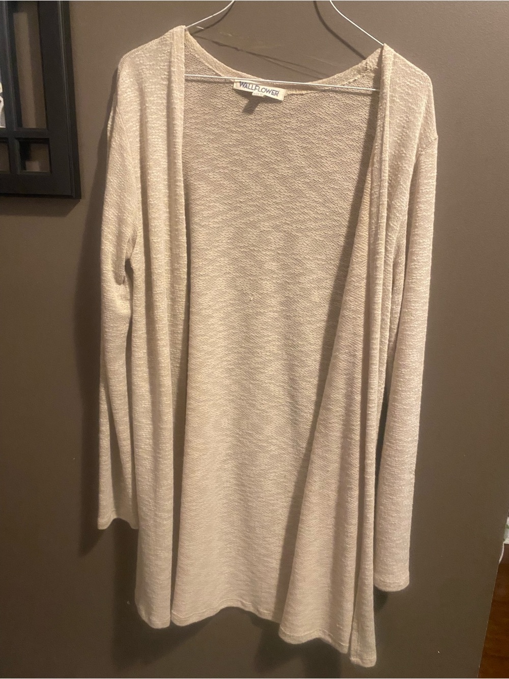 Wallflower Lightweight Open-Front Long Cardigan in Light Tan see thru